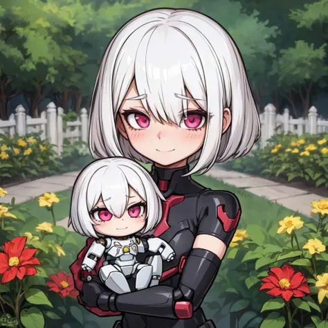 1girl, solo, shining short hair, white hair, (hair over one eye:1.1), sidelocks, reddish pink eyes, blush, subtle shy smile, skeletal, mecha girl, garden background, sfw, chibi