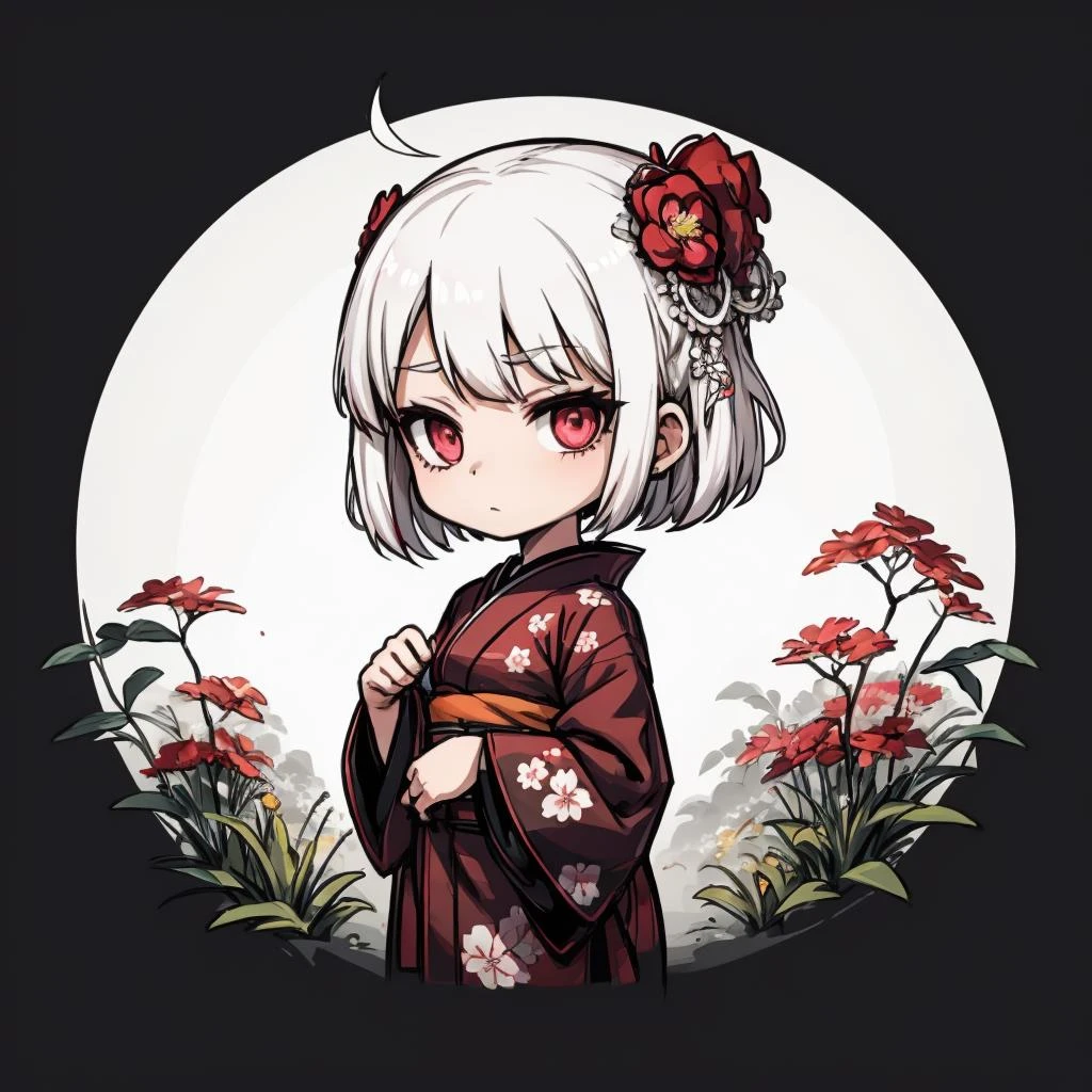 1girl, solo, shining short hair, white hair, reddish pink eyes, black floral kimono with a white trim, garden background, chibi, <lora:Ink scenery:0.8>