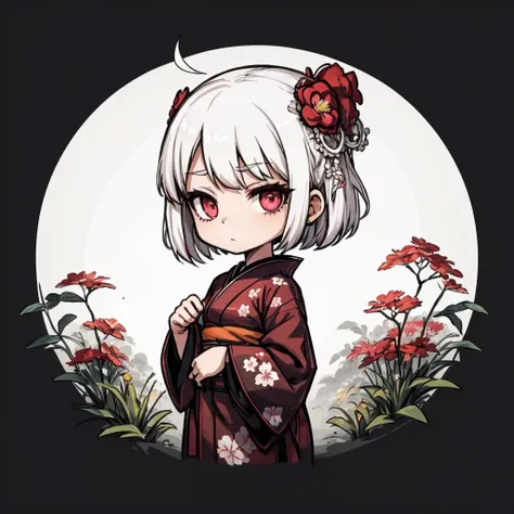 1girl, solo, shining short hair, white hair, reddish pink eyes, black floral kimono with a white trim, garden background, chibi, <lora:Ink scenery:0.8>