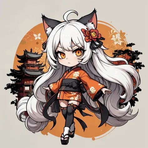 Cat girl, long hair, white hair, messy hair, spiral ahoge, orange eyes, black floral kimono with a white trim, garden background, chibi, <lora:Ink scenery:0.8>