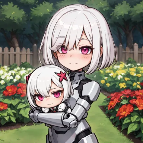 1girl, solo, shining short hair, white hair, (hair over one eye:1.1), sidelocks, reddish pink eyes, blush, subtle shy smile, skeletal, mecha girl, garden background, sfw, holding a chibi plushy of herself