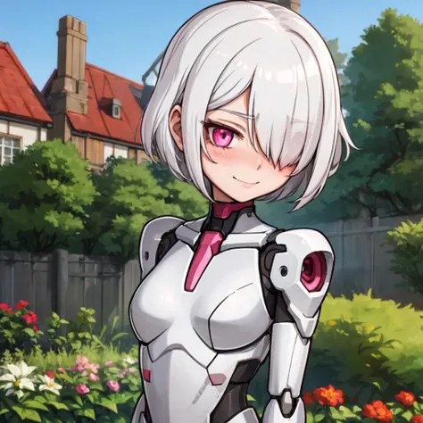 1girl, solo, shining short hair, white hair, (hair over one eye:1.1), sidelocks, reddish pink eyes, blush, subtle shy smile, skeletal mecha girl, garden background, sfw,