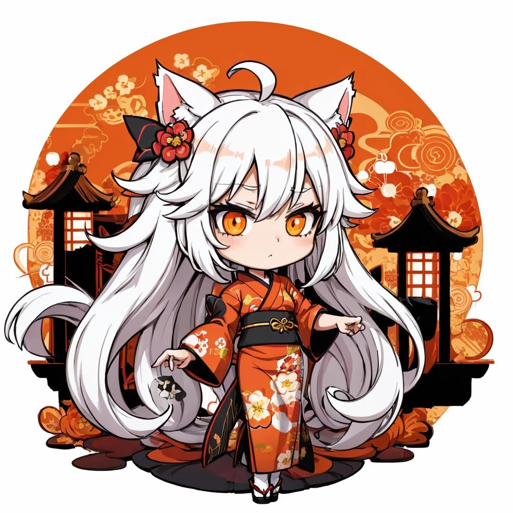 Cat girl, long hair, white hair, messy hair, spiral ahoge, orange eyes, black floral kimono with a white trim and red obi, garden background, chibi