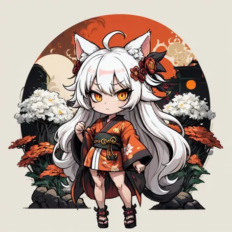 Cat girl, long hair, white hair, messy hair, spiral ahoge, orange eyes, black floral kimono with a white trim and red obi, garden background, chibi <lora:Ink scenery:0.8>