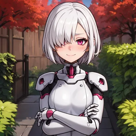 1girl, solo, shining short hair, white hair, (hair over one eye:1.1), sidelocks, reddish pink eyes, blush, subtle shy smile, skeletal mecha girl, garden background, sfw,