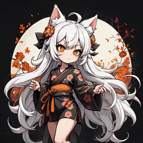 Cat girl, long hair, white hair, messy hair, spiral ahoge, orange eyes, black floral kimono with a white trim, garden background, chibi, <lora:Ink scenery:0.8>