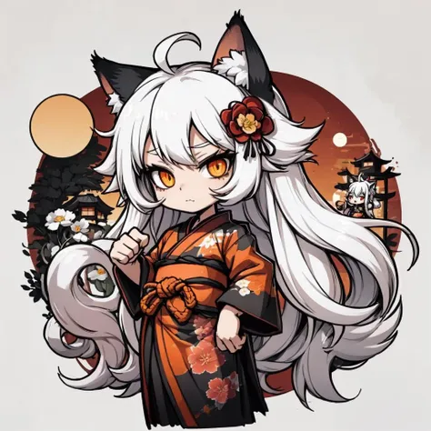 Cat girl, long hair, white hair, messy hair, spiral ahoge, orange eyes, black floral kimono with a white trim and red obi, garden background, chibi, <lora:Ink scenery:0.8>