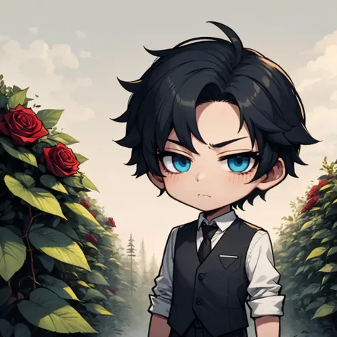 1boy, solo, detailed face, detailed eyes, masculine face, black hair, blue eyes, black waistcoat, black blazer, trousers, rose garden scenery, morning, ink, (sfw), chibi, <lora:Ink scenery:0.8>