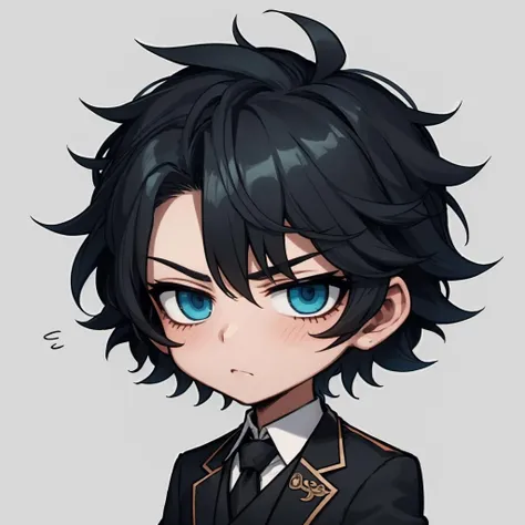 1boy, solo, detailed face, detailed eyes, masculine face, black hair, wild and messy hair, blue eyes, black waistcoat, black blazer, trousers, rose garden scenery, morning, ink, (sfw), chibi, <lora:Ink scenery:0.8>