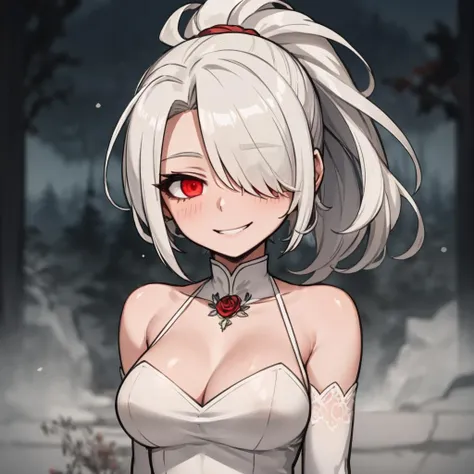 1girl, solo, detailed eyes, detailed iris, mature face, mature, detailed face, shining short hair, wild and messy hair, (hair over one eye:1.3), high ponytail, sidelocks, white hair, reddish pink eyes, (glowing eyes:1.3), blush, crazy smile, creepy smile, medium firm breast, white floral long wedding dress, white elbow gloves, rose garden scenery, morning, ink, (blurry background, blurry foreground, depth of field, ambient lighting:1.3), atmospheric, intricate details, cinematic lighting, dripping, traditional texture, leaf, scenery, swirling mist, (rainbow mist:1.2), ink, (sfw), chibi <lora:Ink scenery:0.8>