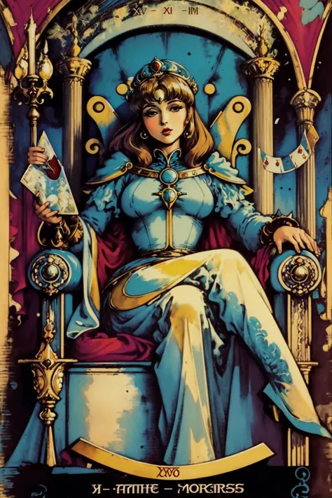 best quality, masterpiece,  <lora:UltimateTarotV1.3:0.9>,(MorganGreerTarot:1.2), retro artstyle, thick outline,  
The_Empress, 1girl, sitting, majestic, crown, dress, full body, looking at viewer, 
 English text, roman numeral, card \(medium\)
