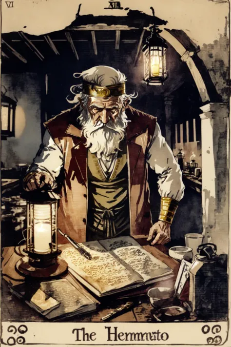 best quality, masterpiece,  <lora:UltimateTarotV1.3:0.9>,(OlympusTarot:1.2), thick border, intricate border, retro artstyle,  
The_Hermit, old man, lantern, dark, 
 English text, roman numeral, card \(medium\)