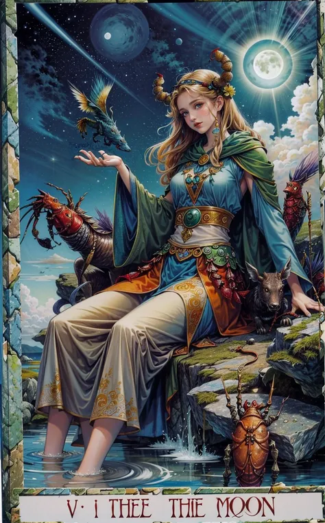 best quality, masterpiece,The_Moon, moon, animals, crayfish, water, sky,(DruidTarot:1.2),English text, roman numeral, card \(medium\)