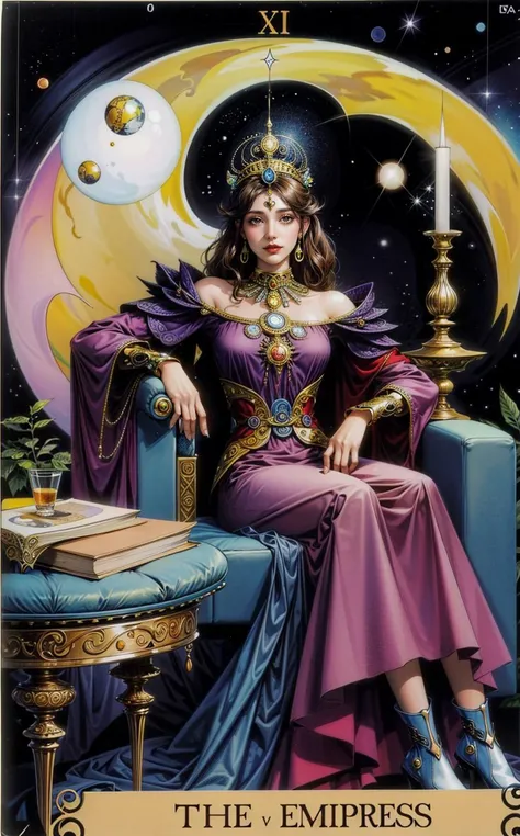 best quality, masterpiece,The_Empress, 1girl, sitting, majestic, crown, dress, full body, looking at viewer,CosmicTarot, retro artstyle,English text, roman numeral, card \(medium\)