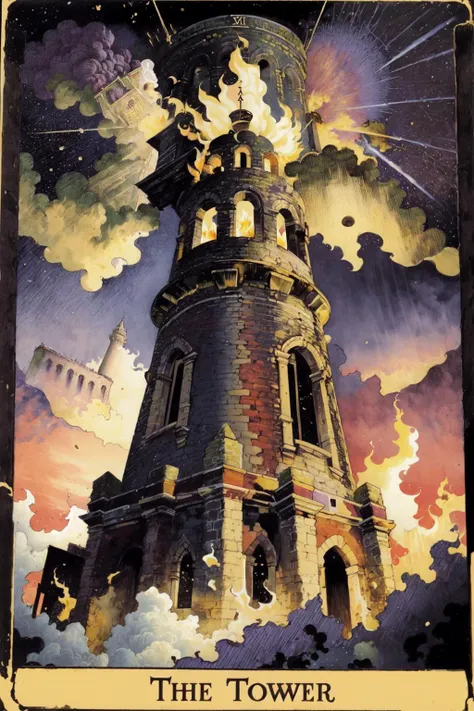 best quality, masterpiece, tarot, <lora:UltimateTarotV1:0.9>,The_Tower, tower, explosion, 1girl, 1boy, falling, fire, sky, (CosmicTarot:1.2), retro artstyle, English text, roman numeral, card \(medium\)