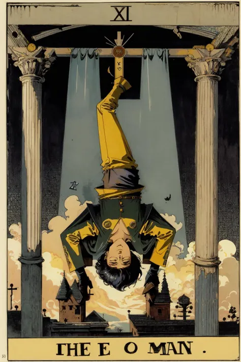 best quality, masterpiece, tarot, <lora:UltimateTarotV1:0.9>,The_Hanged_Man, 1boy, upside down,, (MLTSTarot:1.2), flat color, retro artstyle,    English text, roman numeral, card \(medium\)