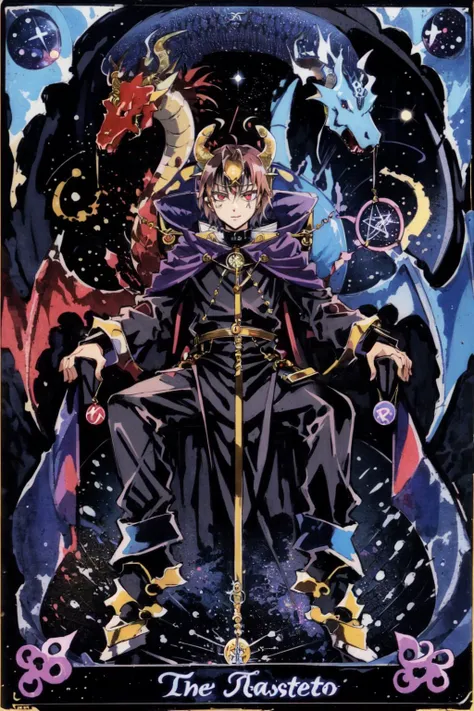 masterpiece, best quality,<lora:UltimateTarotV1.3:0.9>The_Devil, devil, horn, 1boy, pentagram,  card \(medium\),  english text, roman numeral,
BREAK
 <lora:AshtonAnchors:0.8> AshtonAnchors, black robe, dragon, glowing red eyes, (CosmicTarot:1.2)