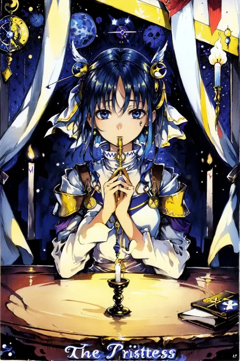 masterpiece, best quality,<lora:UltimateTarotV1.3:0.9> The_Priestess, 1girl, cross,  candle, chalice, card \(medium\),  english text, roman numeral,
BREAK
, <lora:Rena Lanford:0.8>, rena lanford,(CosmicTarot:1.2)