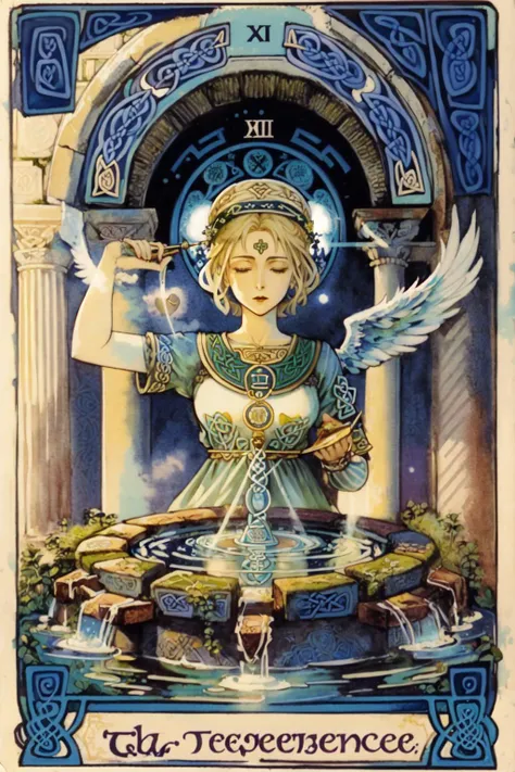 best quality, masterpiece, tarot, <lora:UltimateTarotV1:0.9>,Temperance, angel, cup, water,, (CelticTarot:1.2), intricate border, English text, roman numeral, card \(medium\)