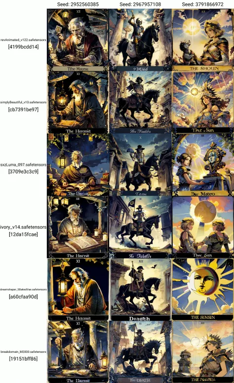 best quality, masterpiece, tarot, <lora:UltimateTarotV1:0.9>,The_Hermit, old man, lantern, dark, English text, roman numeral, card \(medium\)