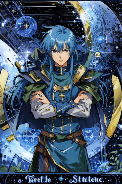 masterpiece, best quality,<lora:UltimateTarotV1.3:0.9>The_Strength, 1boy, man, solo, abstract,  card \(medium\),  english text, roman numeral,
BREAK
 <lora:DiasFlac:0.8>DiasFlac,long hair, blue hair, blue tunic, green cloak, muscular, crossed arms,   (CosmicTarot:1.2)