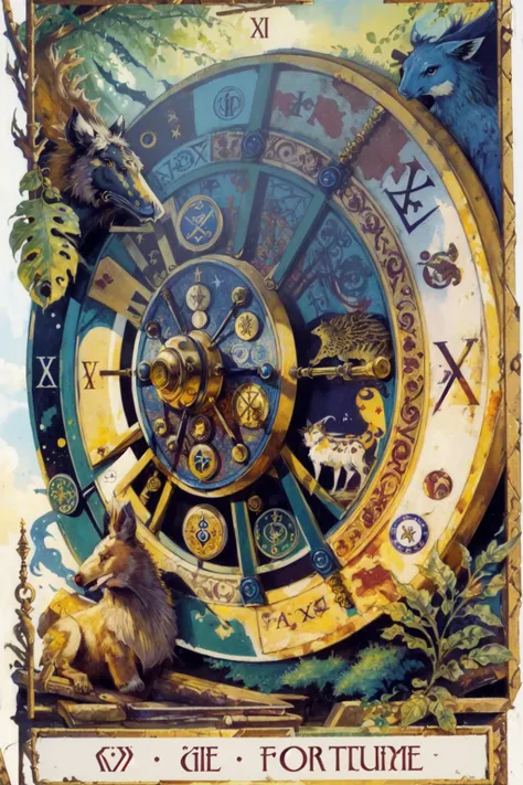 best quality, masterpiece, tarot, <lora:UltimateTarotV1:0.9>,Wheel_Of_Fortune, wheel, abstract, animals, symbols, (DruidTarot:1.2), English text, roman numeral, card \(medium\)