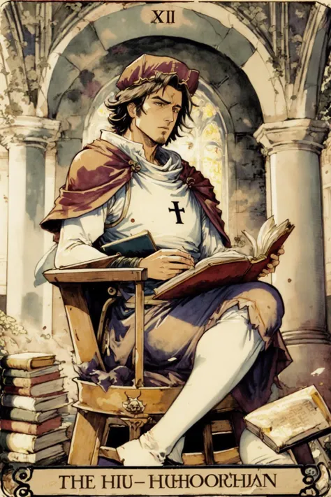 best quality, masterpiece, tarot, <lora:UltimateTarotV1:0.9>,The_Hierophant, sitting, cross, robe, mitre, book, (HolyGrailTarot:1.2), retro artstyle, English text, roman numeral, card \(medium\)