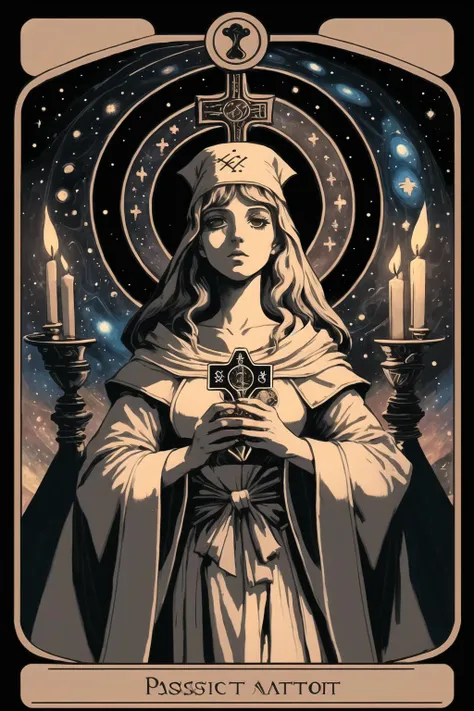 best quality,masterpiece,(CosmicTarot:1.2), retro artstyle,The_Priestess, 1girl, cross, robe, mitre, candle, chalice,English text,roman numeral,card \(medium\),