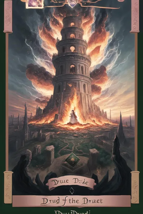 best quality,masterpiece,(DruidTarot:1.2),The_Tower, tower, explosion, 1girl, 1boy, falling, fire, sky,English text,roman numeral,card \(medium\),