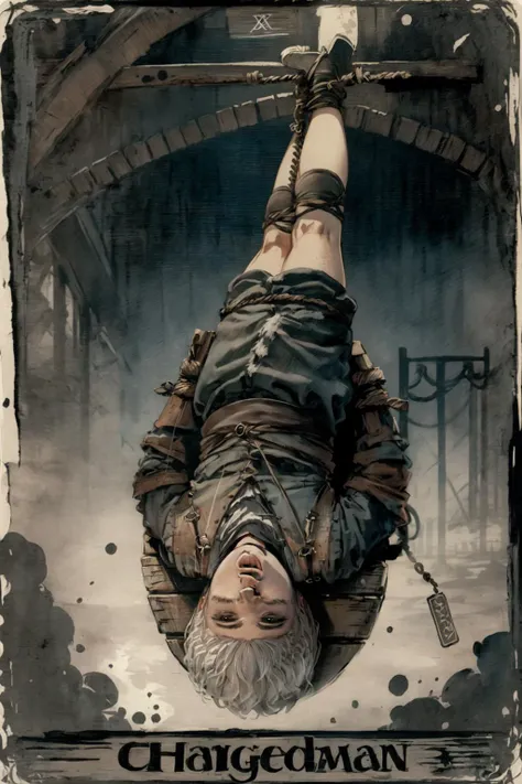 best quality, masterpiece,  <lora:UltimateTarotV1.3:0.9>,(AGOT:1.2),drawing,  
The_Hanged_Man, 1boy, upside down, tied up \(nonsexual\), 
 English text, roman numeral, card \(medium\)
