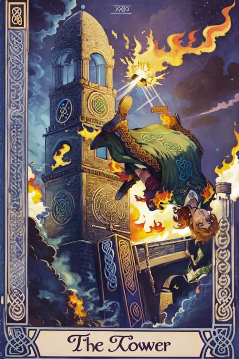 best quality, masterpiece, <lora:UltimateTarotV1.3:0.9>,(CelticTarot:1.2), intricate border,
The_Tower, tower, explosion, 1girl, 1boy, falling, fire, sky,
English text, roman numeral, card \(medium\)