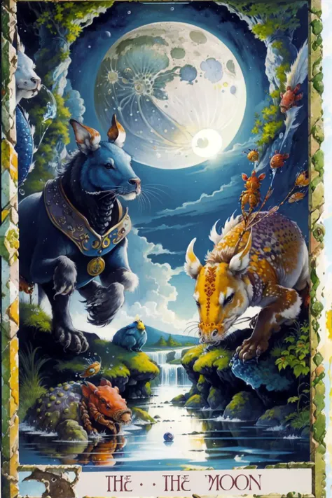 best quality, masterpiece, <lora:UltimateTarotV1.3:0.9>,(DruidTarot:1.2),
The_Moon, moon, animals, crayfish, water, sky,
English text, roman numeral, card \(medium\)