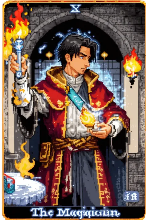 best quality, masterpiece, <lora:UltimateTarotV1.3:0.9>,The_Magician, wizard, red, fire, robe, (8bit:1.2),pixelated,pixel art, English text, roman numeral, card \(medium\)