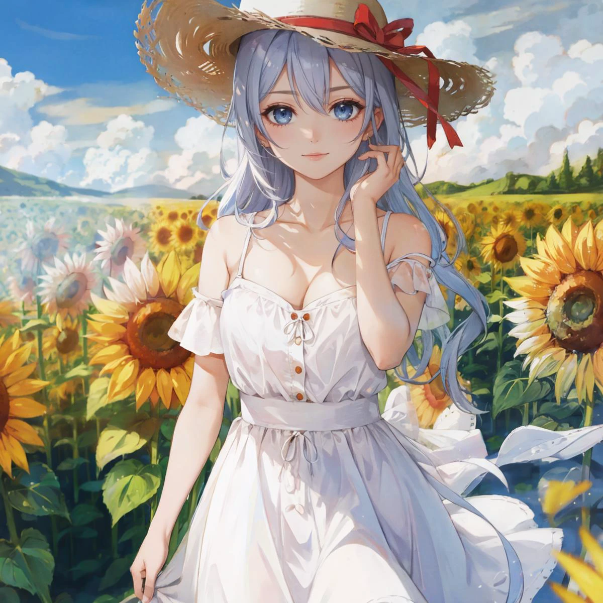 best quality,SFW,extreme detail,there is no sense of discomfort,4k,highres BREAK
sunflower field,in summer,depth of field,(blurry:1.1),blurry_foreground BREAK
solo,1girl,(neat:1.2),seductive_smile BREAK summer_dress,short_sleeves,(cleavage_cutout:0.7),summer_long_skirt,straw hat BREAK
silver hair,wavy hair,hair between eyes,hair_flaps,blue eyes,medium breasts,cleavage BREAK
cowboy_shot,looking_at_viewer,(from_above:0.8),