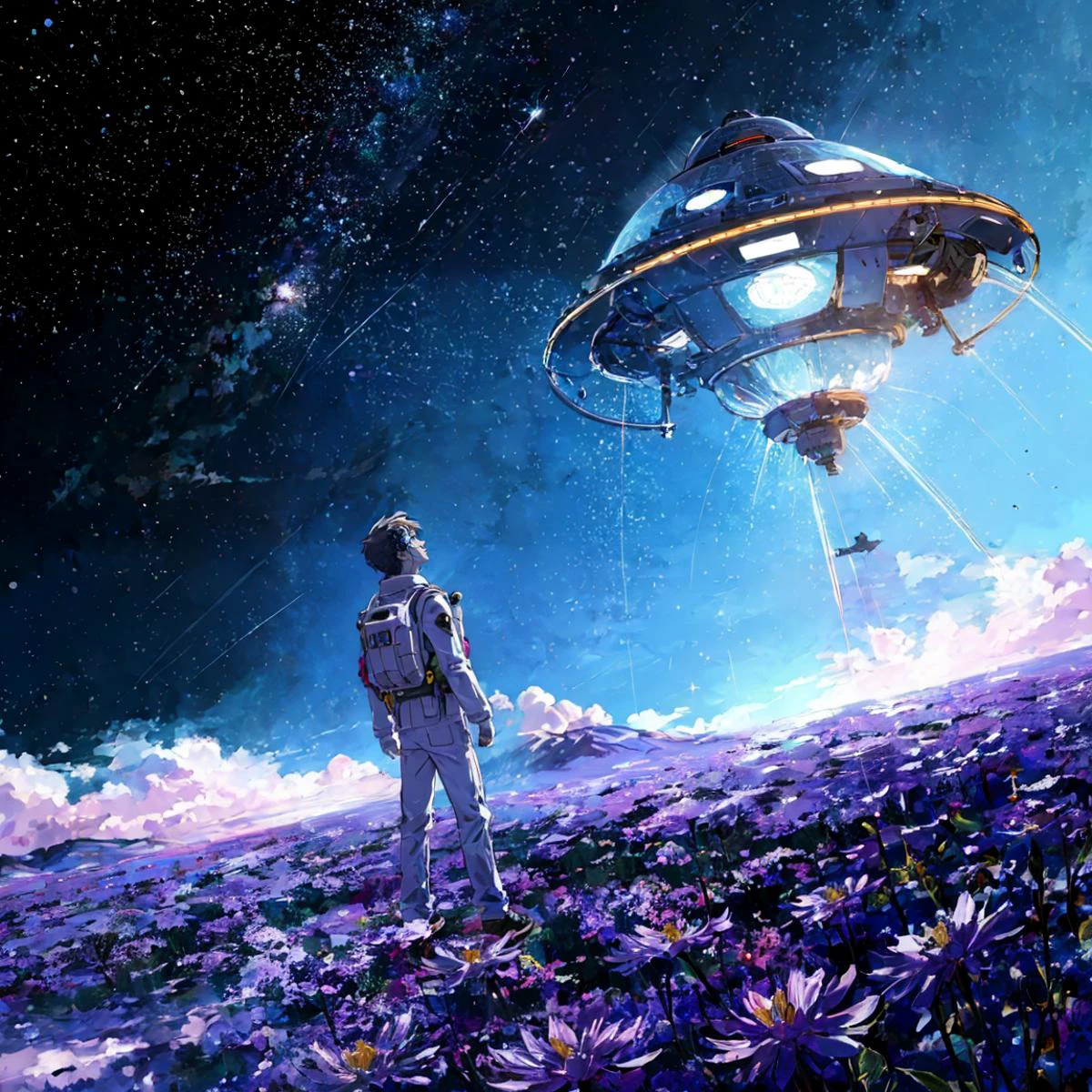 masterpiece,best quality, ultra-detailed,illustration,16k,anime style,,unidentified, flying, object, UFO, mysterious, extraterrestrial, alien, spaceship, sky, hovering, strange, unknown, saucer, celestial, enigmatic, night, bright, lights, unusual, phenomenon, eerie, unexplained, futuristic, otherworldly, spacecraft, cosmic, strange, anomaly, hovering, supernatural, atmosphere,beautiful detailed background,