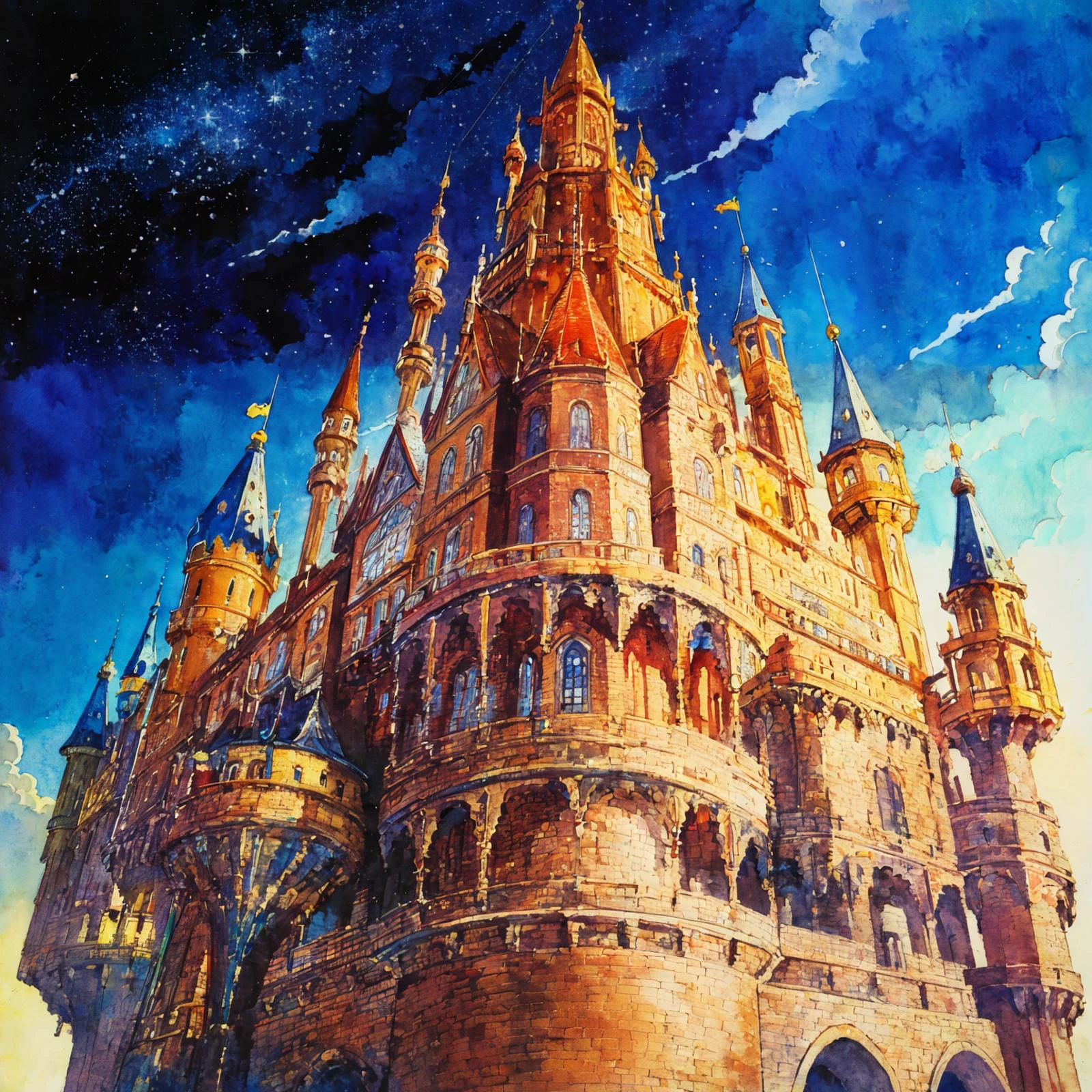 masterpiece, best quality, extremely detailed, ((Masterpiece, top quality, highly detailed, absurd)), watercolor, retro, nostalgia, advertising art, no text, steampunk, donut-shaped floating mechanical castle in the night sky, aristocratic castle in the sky, from below The scenery I saw, no humans, grandeur, the future,