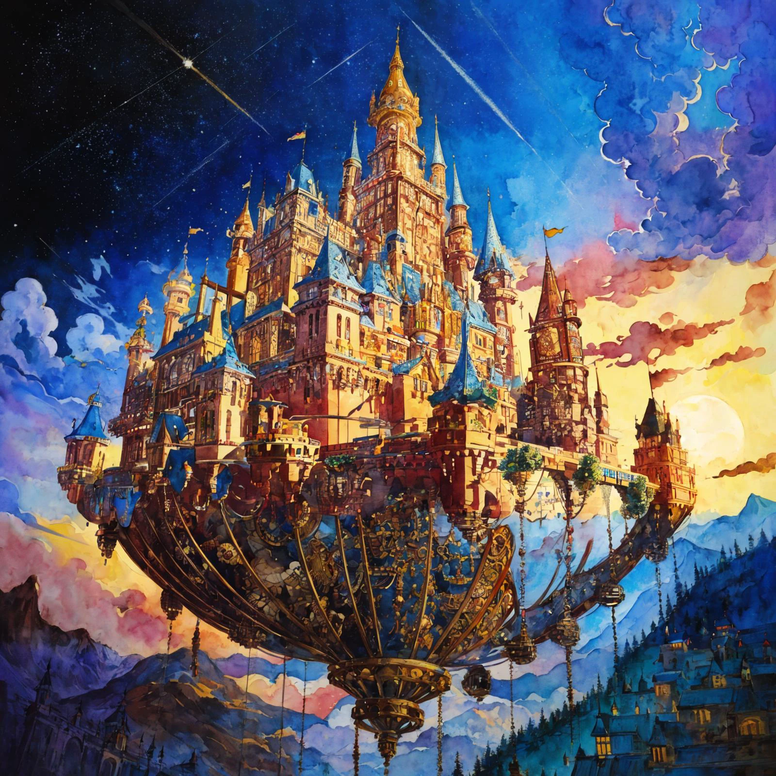 masterpiece, best quality, extremely detailed, ((Masterpiece, top quality, highly detailed, absurd)), watercolor, retro, nostalgia, advertising art, no text, steampunk, donut-shaped floating mechanical castle in the night sky, aristocratic castle in the sky, from below The scenery I saw, no humans, grandeur, the future,