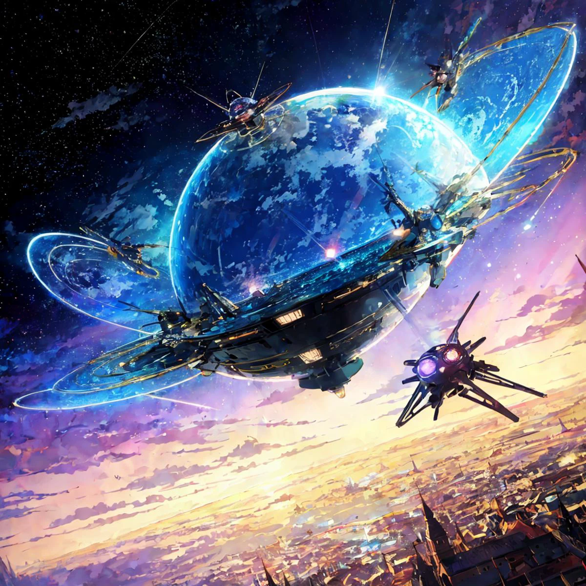 masterpiece,best quality, ultra-detailed,illustration,16k,anime style,,unidentified, flying, object, UFO, mysterious, extraterrestrial, alien, spaceship, sky, hovering, strange, unknown, saucer, celestial, enigmatic, night, bright, lights, unusual, phenomenon, eerie, unexplained, futuristic, otherworldly, spacecraft, cosmic, strange, anomaly, hovering, supernatural, atmosphere,beautiful detailed background,