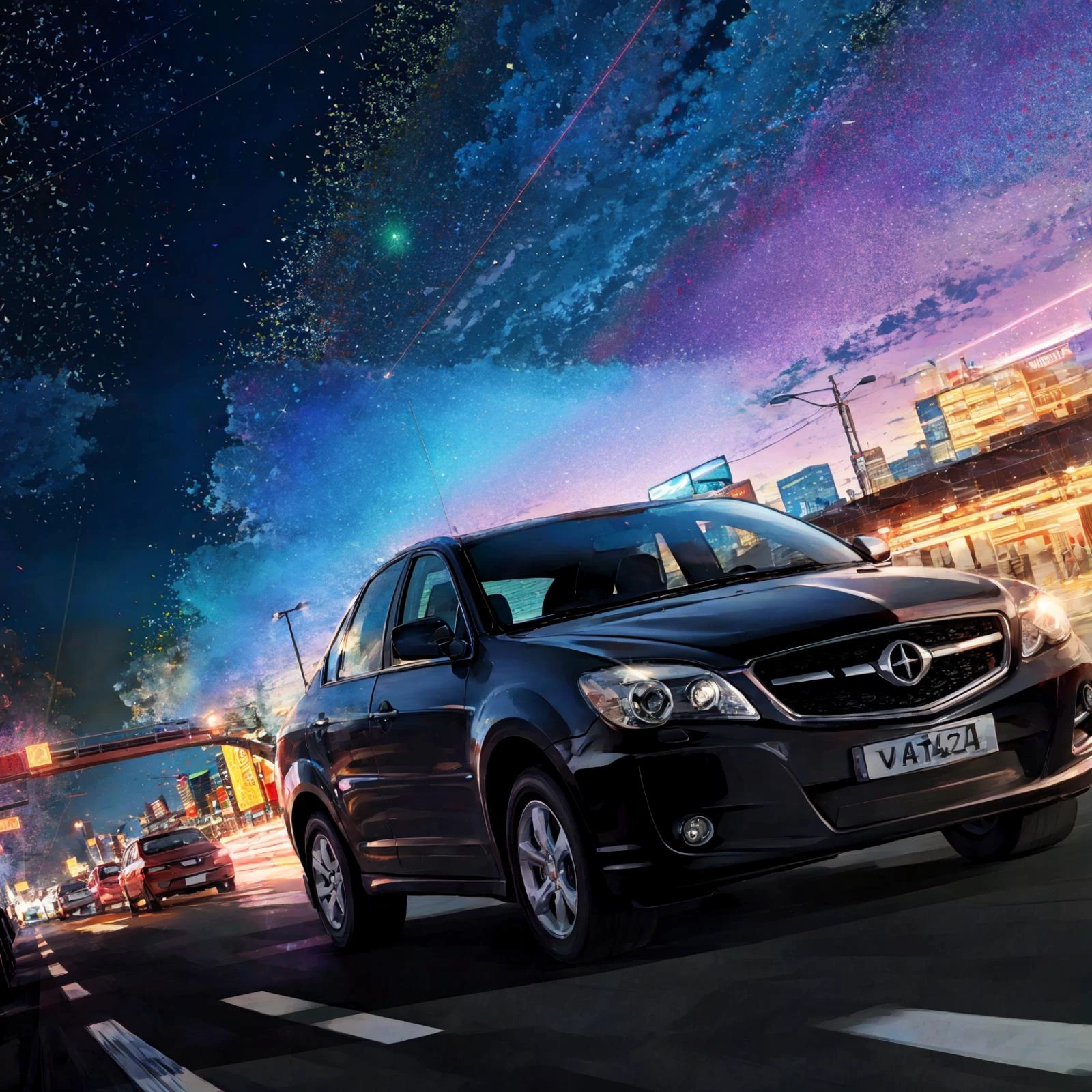 A car, driving away while scattering a large amount of light particles, at night city