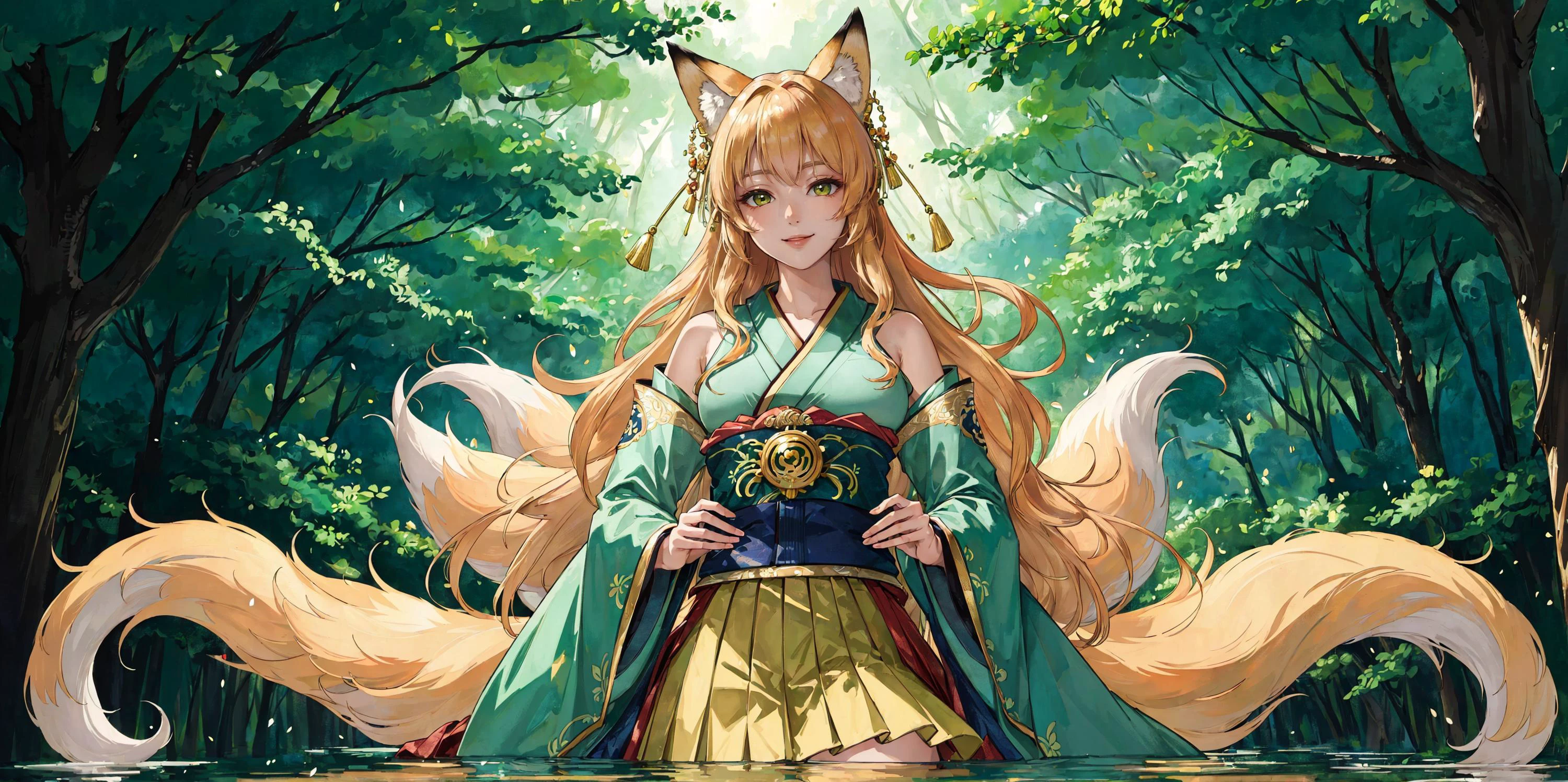 (masterpiece, best quality:1.3), (ultra detailed, cinematic lighting:1.2), green Fractal art nouveau background, forest, a beautiful kitsune woman, blonde hair, long hair, fox ears, big fox tail, kimono, pleated skirt, light smile, water background, green colours, no showing hands