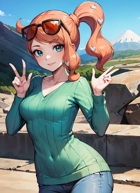 ((best quality)), ((highly detailed)), masterpiece, detailed face, beautiful face, , (1girl), (solo), dynamic pose, cowboy shot, <lora:PKMN_Sonia-DEF:.75>, sonia (pokemon), side ponytail, hair ornament, green eyes, smiling, sunglasses on hair, green sweater, pants, (outside, on a volcano, midday, hurricane)