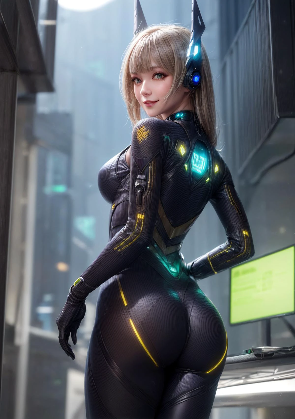 (futuristic cyber suit:1.3),(night near future city:1.2),(green:1.1) suit,(Cyber ââworld,science fiction:1.2),futuristic new material,protector,Too much exposed skin,futuristic headgear,hero costume,high technology,digital technology,wearable computer,thigh high ,(nsfw:0.7),mistress pose,eyelash,(butt:1.1),shot from behind,
best quality, highly detailed, masterpiece, absurdres,8k, photorealistic, realistic,detailed skin texture,detailed pupils,HDR,natural lighting,
1girl,solo,(happy:1.1),(an inviting smile:1.2),<lora:hairdetailer:0.9>,(angular face:1.2),shiny face,<lora:add_detail:1>, narrow waist, lip makeup,