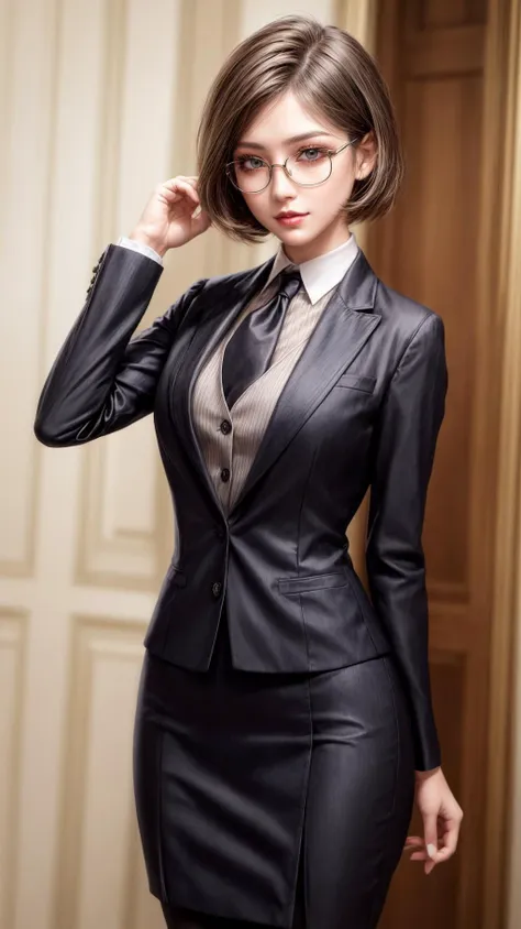 female butler,luxurious western-style building,black skirtsuit,vest,tie,full body,
best quality, highly detailed, masterpiece, absurdres, (detail face,detailed eyes, detail hair:1.1),remarkable detailed pupils,photorealistic, realistic,detailed skin texture,
1woman,(solo:1.2),smile,(glasses:1.1), shorthair,<lora:hairdetailer:0.9>,medium breasts, narrow waist,<lora:add_detail:1>,(gular face:1.1), (lips+makeup:1.1),