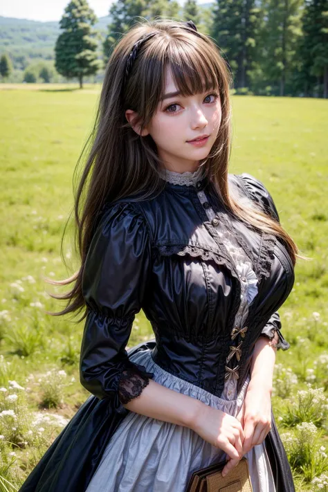 a victorian girl is standing on the meadow, from front, close up, high contrast, high brightness, background beautiful scenery nature, bokeh,cowboy shot,
best quality, highly detailed, masterpiece, absurdres,8k, photorealistic, realistic,detailed skin texture,detailed pupils,HDR,natural lighting,
1girl,solo,(happy:1.1),(smile:1.2),<lora:hairdetailer:0.9>,(angular face:1.2),shiny face,<lora:add_detail:1>, large breasts, narrow waist, lip makeup,
