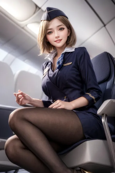 (stewardess clothes :1.3),(skirt suit:1.1),pantyhose,inside the plane,gold clothes,sitting on the seat,(Full body shot:1.1), neckerchief,stewardess cap,
<lora:aeroflot_2LYCO:0.8> Stewardess,dark blue uniform,garrison cap,
best quality, highly detailed, masterpiece, absurdres,8k, photorealistic, realistic,detailed skin texture,detailed pupils,HDR,natural lighting,
1girl,solo,(happy:1.1),(smile:1.2),shorthair,<lora:hairdetailer:0.9>,(angular face:1.2),shiny face,<lora:add_detail:1>, large breasts, narrow waist, lip makeup,