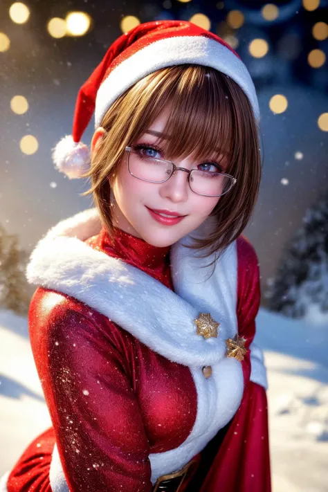 (Santa Claus:1.2),snow-covered scenery,happy,illumination,cowboy shot,red,(gold:0.3),(green:0.4),
((best quality)), ((highly detailed)),photorealistic, realistic, masterpiece, absurdres, detailed skin texture, (detailed eyes, deep eyes,detail hair:1.0),remarkable detailed pupils,
1woman,(happy:1.1),(smile:1.2),(gentle smile:1.3),(glasses:1.1), shorthair,<lora:hairdetailer:0.9>,(angular face:1.1), (lips+makeup:1.1), eyeliner+eye makeup,<lora:add_detail:1>,
medium breasts, narrow waist,