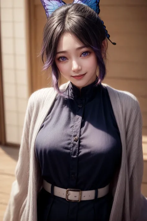 <lora:Kochou_Shinobu:0.7>,kochou shinobu, multicolored hair, no bangs, hair intakes, purple eyes, forehead, black shirt, black pants, haori, butterfly, buttons, belt,Japanese mansion,
((best quality)), ((highly detailed)), masterpiece, absurdres, (detailed eyes, deep eyes),photorealistic, realistic,detailed skin texture, detailed pupils,
1woman,(happy:1.1),(smile:1.2),<lora:hairdetailer:0.9>,shiny face,<lora:add_detail:1>,large breasts, narrow waist,