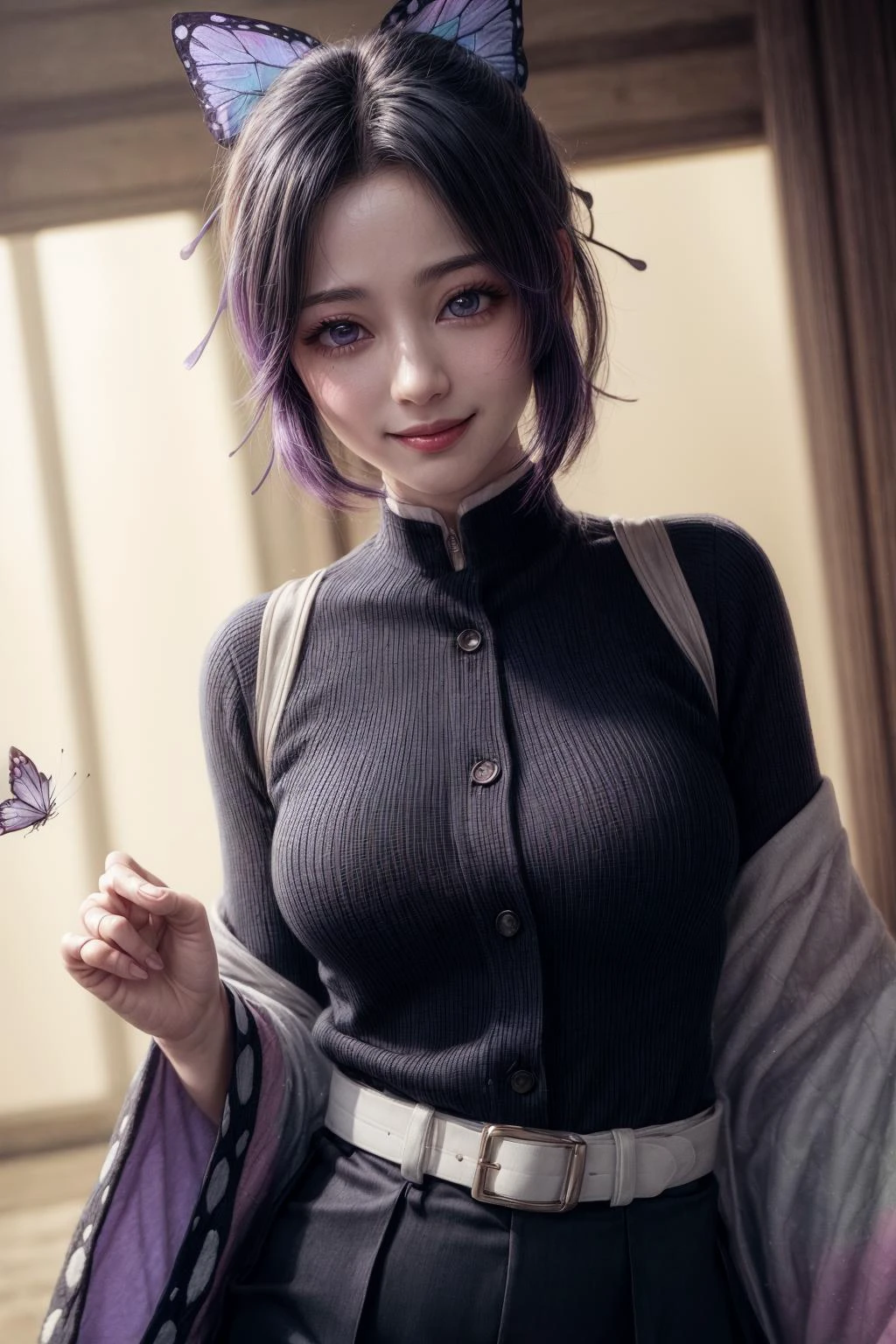 <lora:Kochou_Shinobu:0.7>,kochou shinobu, multicolored hair, no bangs, hair intakes, purple eyes, forehead, black shirt, black pants, haori, butterfly, buttons, belt,Japanese mansion,
((best quality)), ((highly detailed)), masterpiece, absurdres, (detailed eyes, deep eyes),photorealistic, realistic,detailed skin texture, detailed pupils,
1woman,(happy:1.1),(smile:1.2),<lora:hairdetailer:0.9>,shiny face,<lora:add_detail:1>,large breasts, narrow waist,