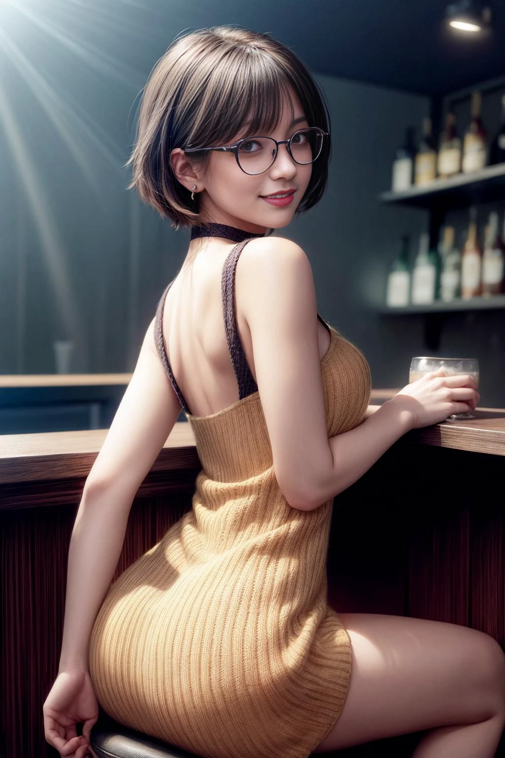 midnight,( knit mini dress is yellow:1.3),(sheer dress:1.2),(dress with little cloth:1.2),choker,thigh high stocking,(Inside a trendy bar:1.2),( (Dark lighting:1.3) inside the bar:1.3),sitting on a counter chair,cocktails on the counter,(nsfw:0.9),from behind,
best quality, highly detailed, masterpiece, absurdres, (detailed eyes, deep eyes),photorealistic, realistic,detailed skin texture, detailed pupils,
1woman,(happy:1.1),(smile:1.1),glasses,shorthair,<lora:hairdetailer:0.9>,shiny face,<lora:add_detail:1>,medium breasts, narrow waist,