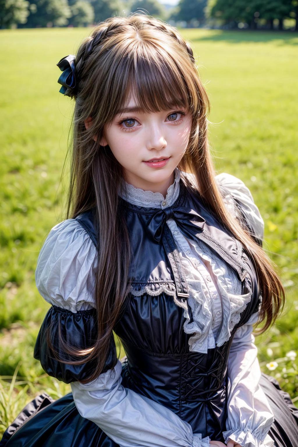 a victorian girl is standing on the meadow, from front, close up, high contrast, high brightness, background beautiful scenery nature, bokeh,cowboy shot,
best quality, highly detailed, masterpiece, absurdres,8k, photorealistic, realistic,detailed skin texture,detailed pupils,HDR,natural lighting,
1girl,solo,(happy:1.1),(smile:1.2),<lora:hairdetailer:0.9>,(angular face:1.2),shiny face,<lora:add_detail:1>, large breasts, narrow waist, lip makeup,